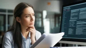 Pessoa pensativa olhando documentos e tela de computador sobre direitos trabalhistas após um acidente de trabalho.