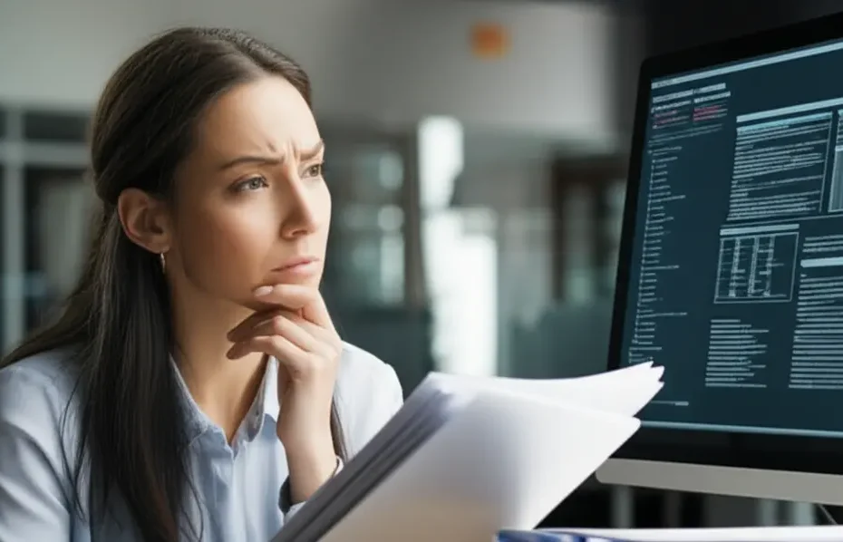 Pessoa pensativa olhando documentos e tela de computador sobre direitos trabalhistas após um acidente de trabalho.