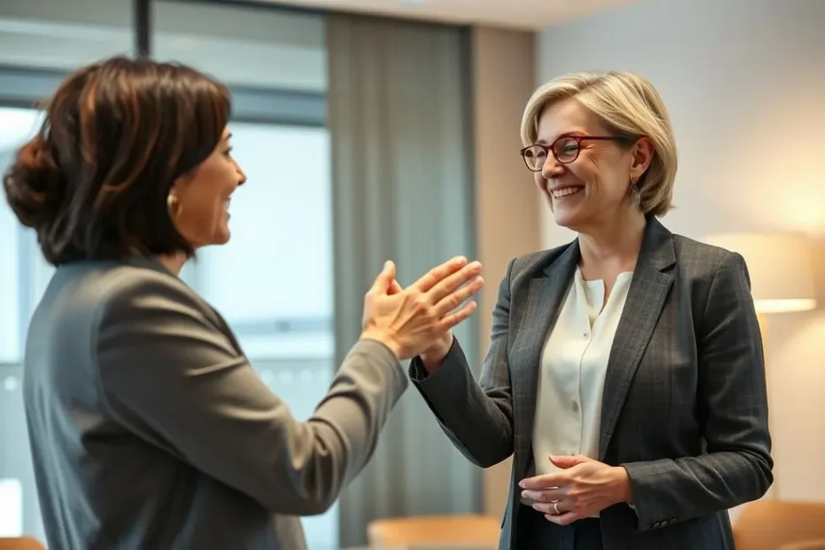 Advogada estendendo a mão para oferecer apoio a um cliente, em um escritório moderno e bem iluminado.
