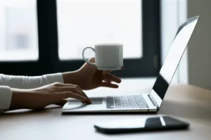 Pessoa com expressão aliviada e focada olhando para um laptop, simbolizando a tranquilidade de ter um problema digital sob controle com ajuda de um advogado.