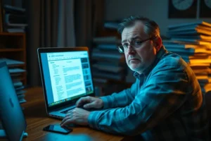 Homem com expressão preocupada em frente a um laptop à noite, pesquisando sobre leilões de imóveis e sentindo-se sobrecarregado pela complexidade.