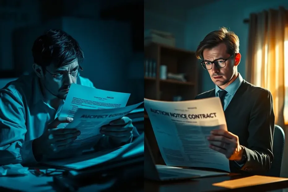 Imagem dividida mostrando uma pessoa confusa com um edital de leilão judicial de um lado, e a mesma pessoa confiante e esclarecida do outro.