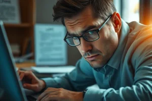 Pessoa com expressão ansiosa e confusa olhando para um notebook com textos legais, simbolizando a busca por clareza jurídica.