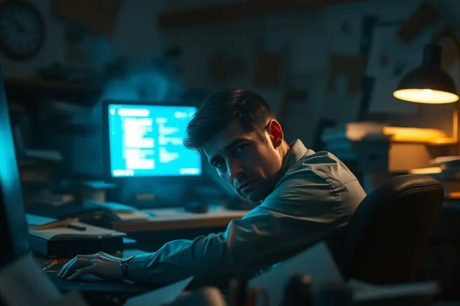 Uma pessoa com expressão confusa e ansiosa sentada em uma mesa de escritório, olhando para uma tela de computador que mostra informações claras, simbolizando a busca por soluções para o assédio moral no trabalho.