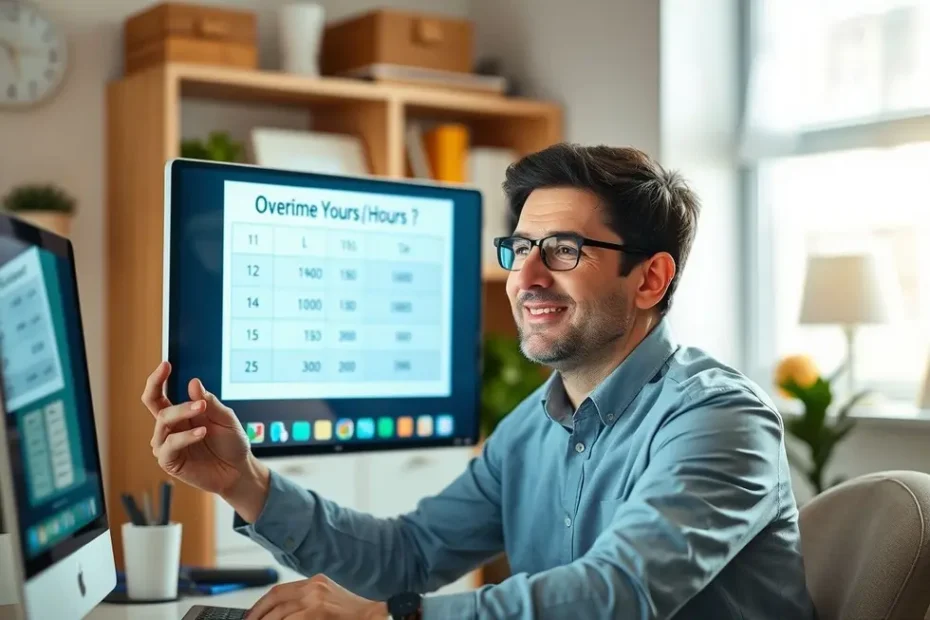 Pessoa com expressão aliviada e confiante olhando para cálculo de horas extras em um computador.