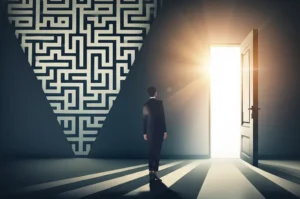 Pessoa em encruzilhada, escolhendo o caminho claro após entender seus direitos em um distrato de imóvel na planta.