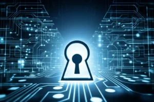 Paisagem digital com uma fechadura iluminada, simbolizando segurança e acesso.