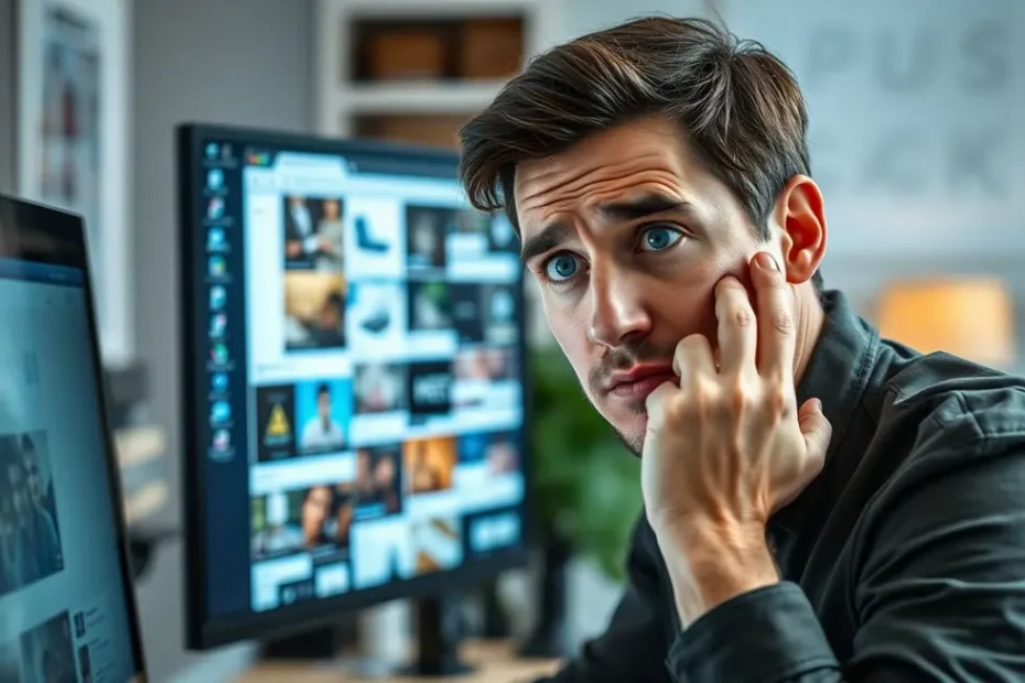 Pessoa olhando para tela de computador com imagens e ícones de aviso, expressando confusão sobre o Direito de Imagem na internet.