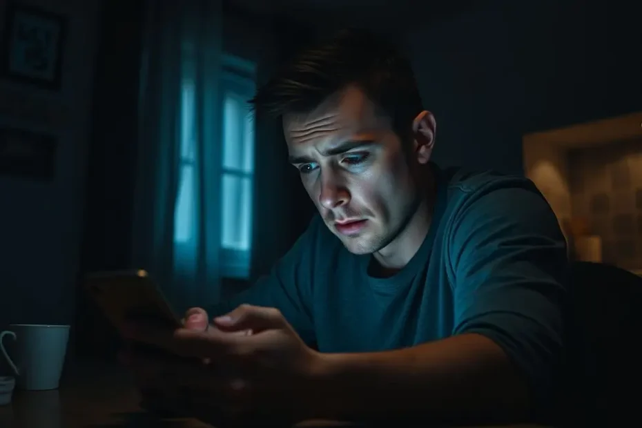 Pessoa ansiosa olhando para o celular à noite, representando a angústia de sofrer um golpe, com um raio de luz simbolizando esperança.