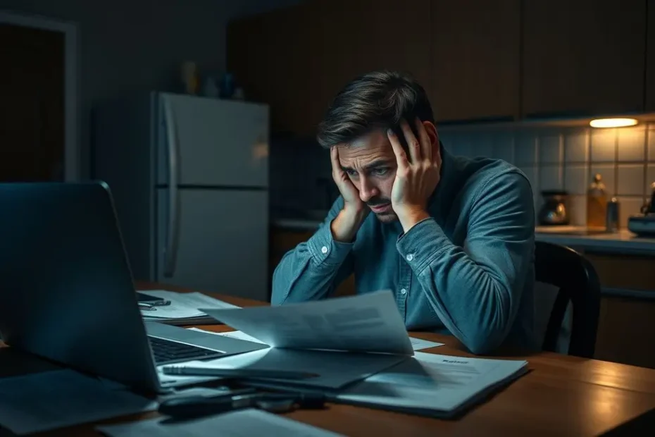 Pessoa ansiosa e confusa em frente a uma mesa com documentos de imóvel e um laptop, representando a dificuldade de lidar com a burocracia imobiliária sem ajuda.