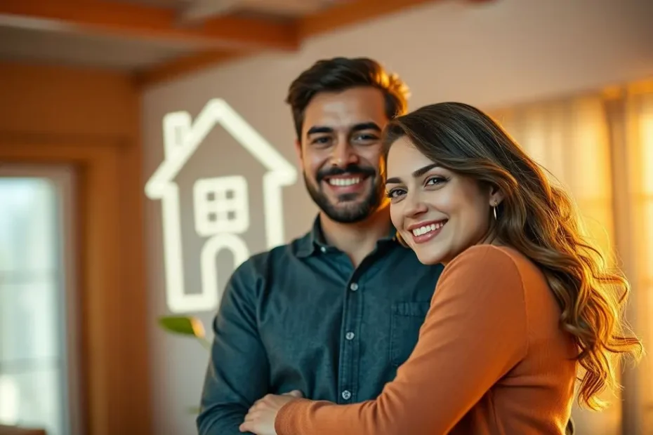 Casal jovem e feliz olhando para o futuro, simbolizando segurança e planejamento patrimonial.