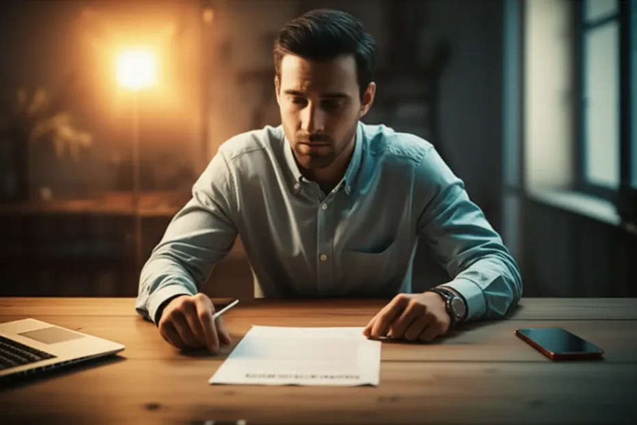Pessoa sentada à mesa, olhando para um contrato de imóvel. Uma luz suave vem do documento, mudando sua expressão de ansiosa para aliviada, simbolizando o entendimento e a clareza.