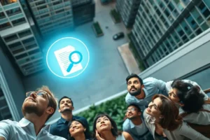 Pessoas buscando clareza e soluções para questões legais imobiliárias sob uma luz guia.