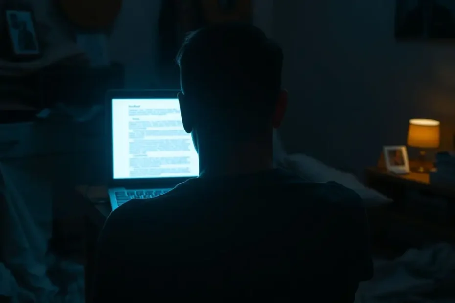 Pessoa em uma sala escura, representando confusão, encontra clareza e esperança ao olhar para a tela iluminada de um laptop que mostra uma solução.