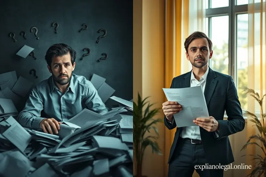 Imagem dividida mostrando a transição de confusão e ansiedade para clareza e confiança em um processo de divórcio.