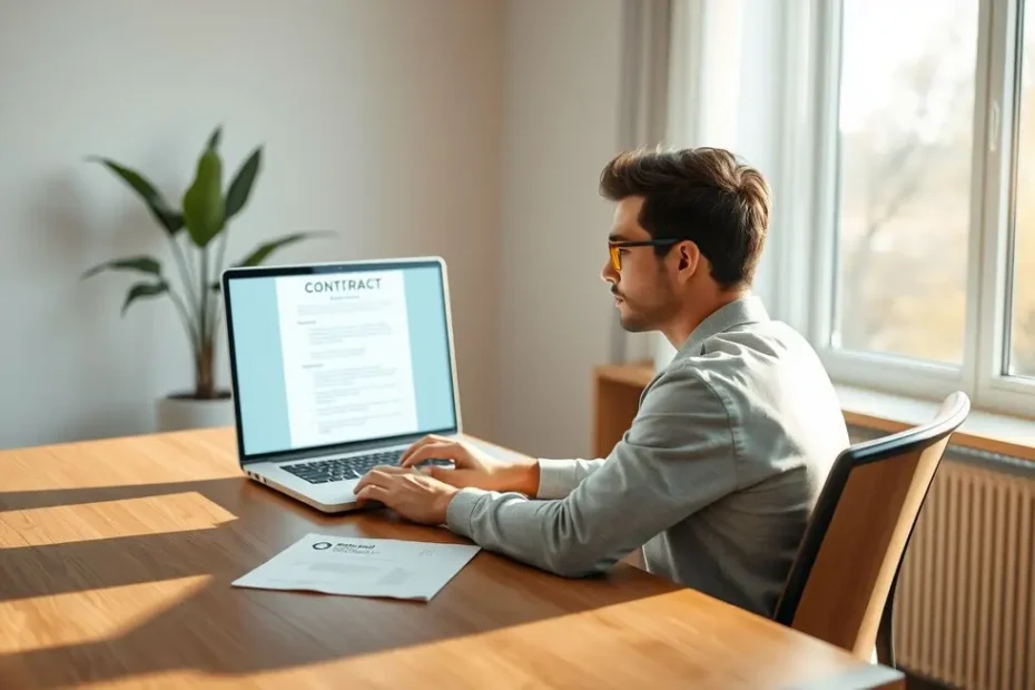 Uma pessoa sentada em uma mesa de trabalho, olhando para um contrato em um laptop com uma expressão de alívio e compreensão, simbolizando a clareza obtida sobre o contrato de influenciador digital.