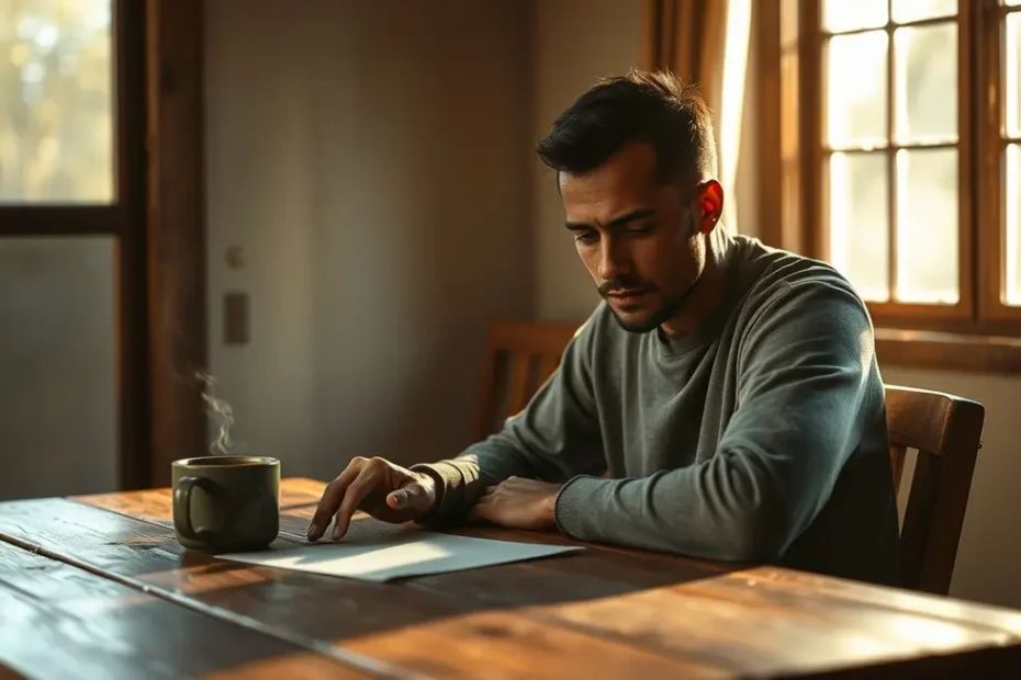 Pessoa sentada a uma mesa, analisando um documento com expressão séria, mas esperançosa, simbolizando a busca por direitos após uma demissão sem justa causa.