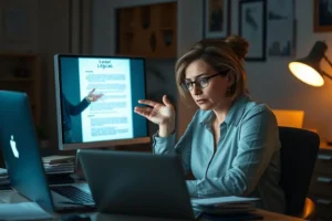 Empresária com expressão preocupada em frente a um laptop, recebendo a ajuda simbólica de uma mão que sai da tela, representando o suporte de um Data Protection Officer.