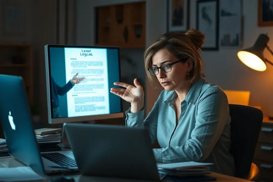 Empresária com expressão preocupada em frente a um laptop, recebendo a ajuda simbólica de uma mão que sai da tela, representando o suporte de um Data Protection Officer.