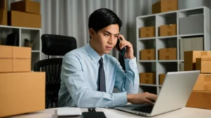 Empresário focado em seu laptop em um escritório com produtos de e-commerce ao fundo, refletindo a busca por soluções legais para sua loja online.