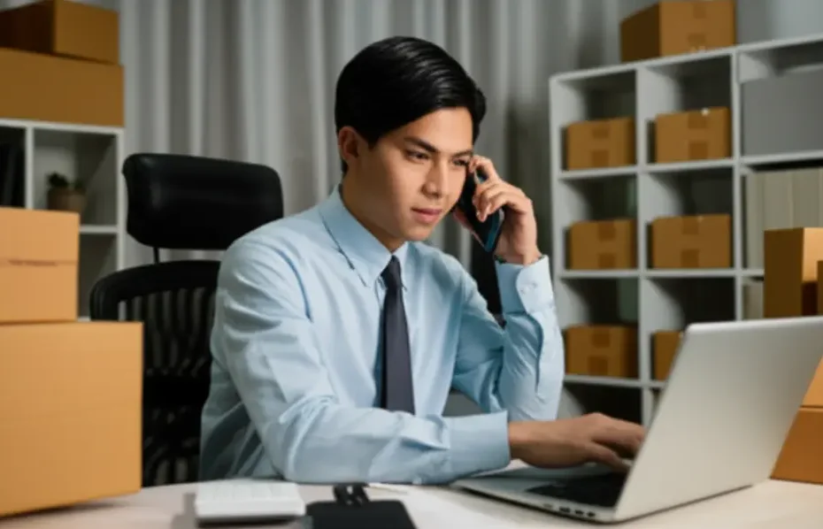 Empresário focado em seu laptop em um escritório com produtos de e-commerce ao fundo, refletindo a busca por soluções legais para sua loja online.