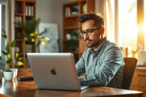 Empresário focado e otimista trabalhando em seu laptop em um escritório bem iluminado, pesquisando sobre proteção de dados.