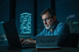 Empresário com expressão preocupada, mas determinada, trabalhando em seu notebook tarde da noite para gerenciar uma crise de vazamento de dados em sua empresa.