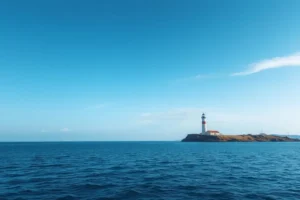 Imagem de um farol iluminando o mar calmo sob um céu claro, representando a esperança e a superação no divórcio litigioso.