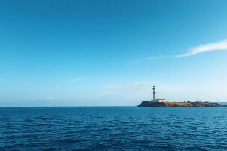 Imagem de um farol iluminando o mar calmo sob um céu claro, representando a esperança e a superação no divórcio litigioso.