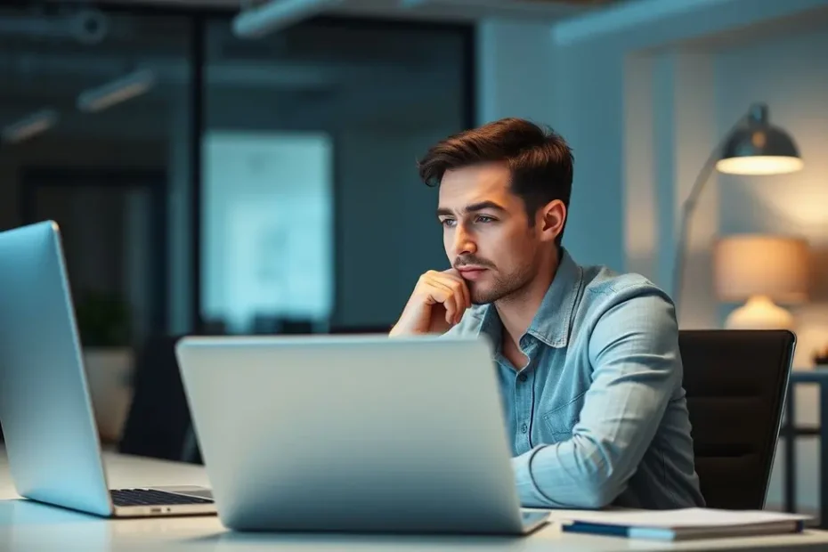 Pessoa em uma mesa, olhando para a tela do computador com expressão de alívio e compreensão, simbolizando a solução de um problema legal.