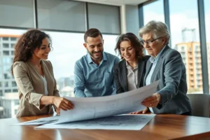 Grupo de pessoas analisando documentos e plantas de um empreendimento imobiliário, representando a importância da pesquisa e conhecimento na incorporação.