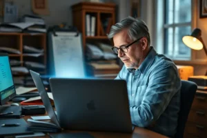 Pessoa ansiosa em frente a um notebook encontra alívio e clareza ao ler um artigo sobre a LGPD. A luz da tela ilumina seu rosto com compreensão, simbolizando a passagem da confusão para o empoderamento.