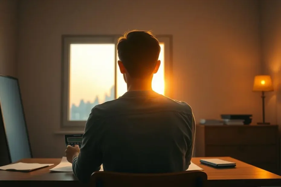 Uma pessoa sentada em uma mesa com calculadora e papéis, olhando pela janela para o nascer do sol sobre uma cidade. A cena transmite uma sensação de esperança e empoderamento após a confusão de uma rescisão trabalhista.
