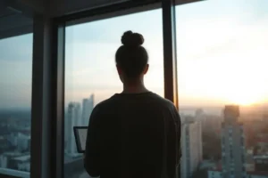 Pessoa de costas olhando pela janela para o nascer do sol na cidade, segurando um tablet. A imagem transmite esperança e um novo começo após o divórcio.