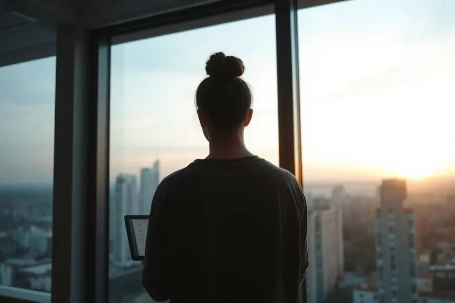 Pessoa de costas olhando pela janela para o nascer do sol na cidade, segurando um tablet. A imagem transmite esperança e um novo começo após o divórcio.