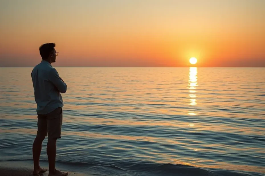 Pessoa contemplando um nascer do sol calmo no oceano, simbolizando esperança e novos começos após o divórcio.