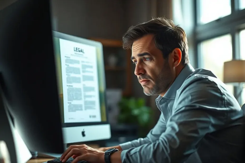Uma pessoa pensativa em frente a um computador com documentos legais, buscando soluções e clareza.