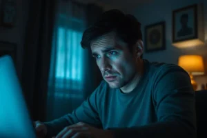 Pessoa com expressão de preocupação olhando para a tela de um notebook, simbolizando a busca por ajuda contra o assédio virtual.