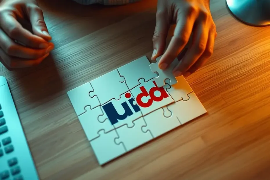 Mãos completando um quebra-cabeça com um logo de marca.