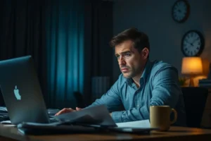 Uma pessoa sentada à noite, olhando para um computador com expressão confusa, cercada por documentos, simbolizando a busca por respostas sobre o banco de horas.