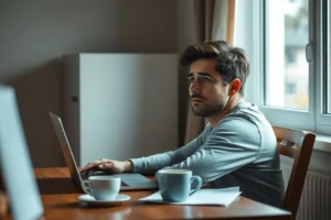 Pessoa sentada à mesa, olhando pela janela com uma expressão pensativa, refletindo sobre a decisão de pedir demissão.
