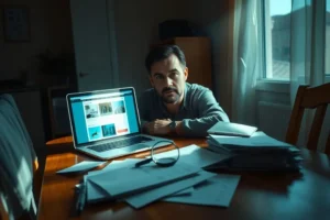 Uma pessoa sentada em uma mesa, olhando para um laptop com um site de leilões, com uma expressão de determinação e foco em meio a papéis.