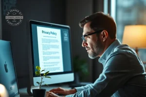 Pessoa aliviada e confiante olhando para um computador com uma política de privacidade clara, simbolizando a resolução de um problema legal.
