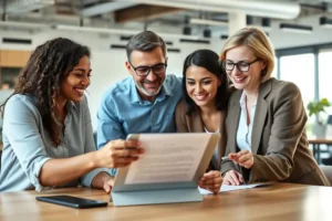 Profissionais colaborando e revisando um contrato digital com confiança e otimismo.