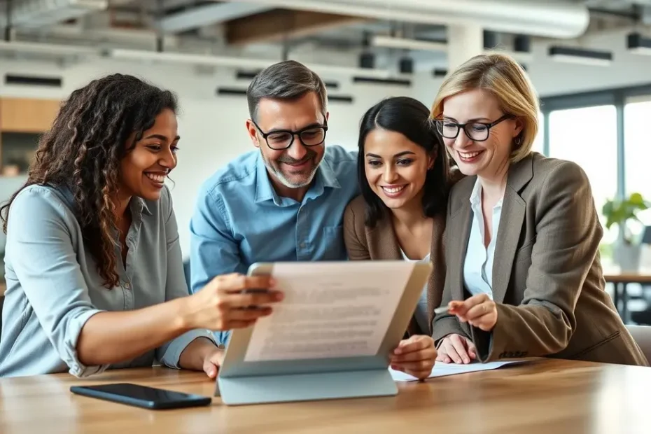 Profissionais colaborando e revisando um contrato digital com confiança e otimismo.