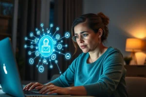 Empreendedora sentada em frente a um laptop, cujo ecrã brilha com símbolos de propriedade intelectual, refletindo sua busca por respostas.