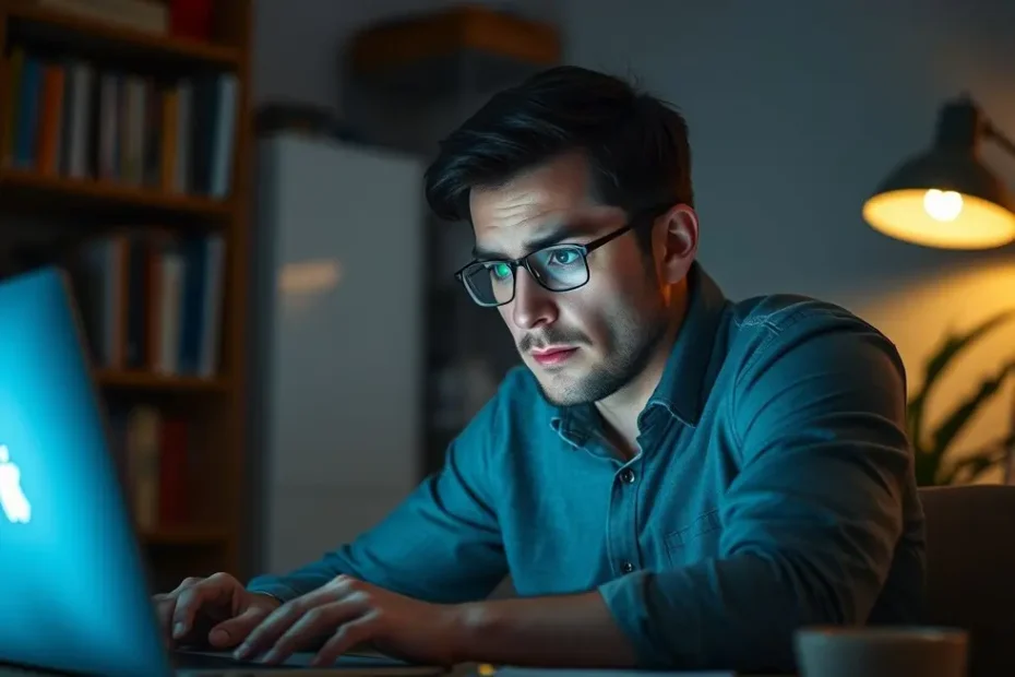 Pessoa com expressão preocupada, mas determinada, olhando para a tela de um laptop à noite. A luz da tela ilumina seu rosto, sugerindo a busca por respostas e uma esperança de resolução.