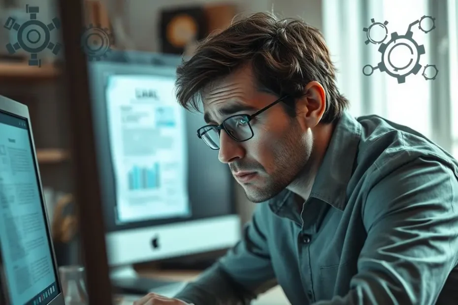 Imagem de uma pessoa pensativa diante de um computador, com documentos e calculadora, simbolizando a busca por informações sobre adicional de insalubridade.