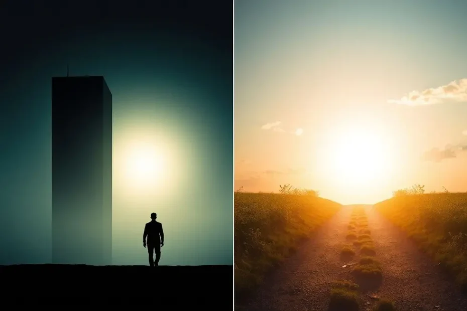 Pessoa caminhando para um horizonte brilhante após deixar um prédio corporativo, simbolizando a transição e esperança após o aviso prévio.