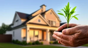 Foto realista de mãos idosas segurando uma muda de planta em frente a uma casa, simbolizando o resultado da posse e o direito à propriedade.